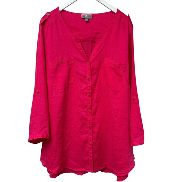 JM Collection 100%  Linen Top Plus Size 22W Pink Tunic Blouse Button Front - Picture 1 of 11